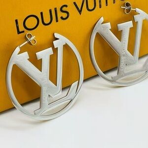 45mm/1.77 inch Silver Initial LV Hoop Earrings 1.77in close 2inch